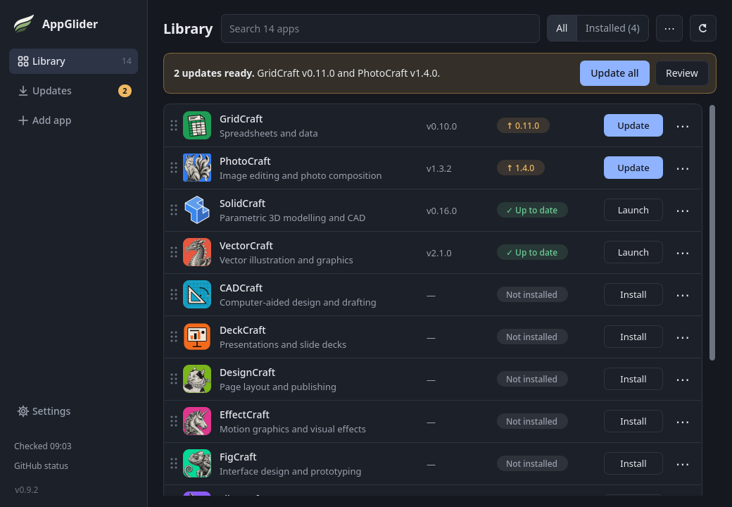 The Library page lists installed apps as rows. Each row has a version, one status chip and one button. Two rows show updates waiting.